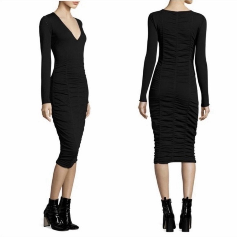 NEW Opening Ceremony Womens Long Sleeve Ruched V Neck Midi Dress Black Large